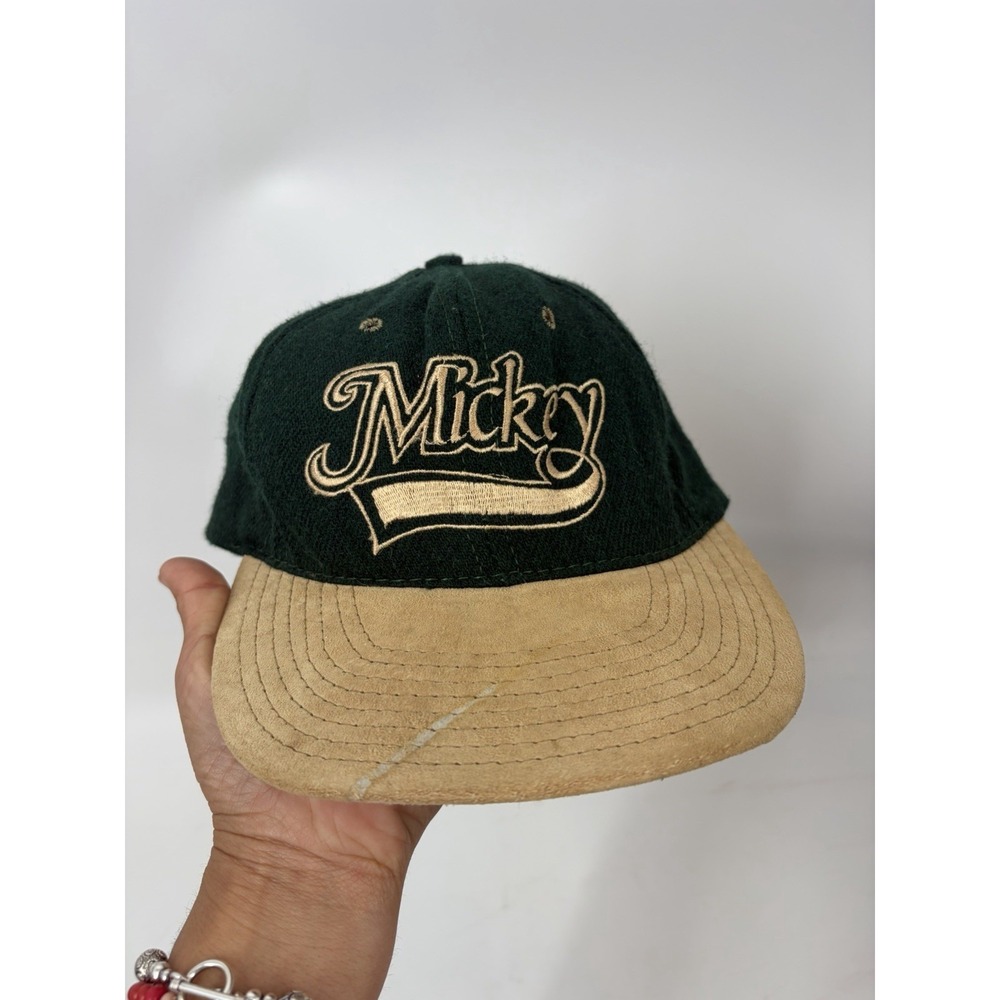 Vintage Mickey Script Wool Hat Men USA Suede Brim 90s Disney SnapBack Green‎